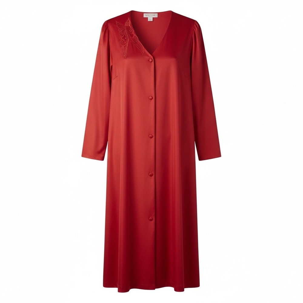 Vintage Vanity Fair Red Nylon Button Front Robe Nightgown Lace Trim L